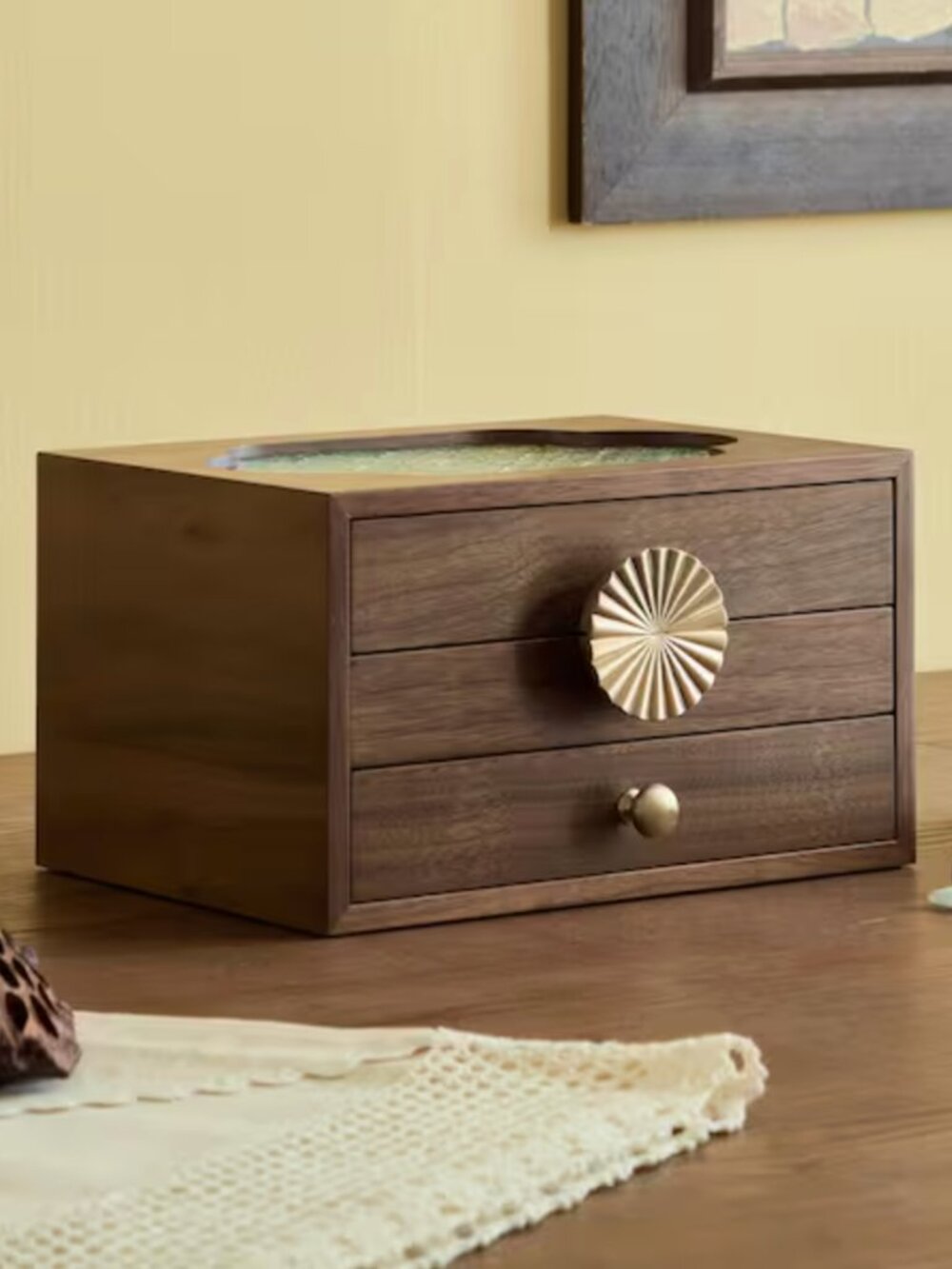 Walnut Wooden Jewelry Box with Glass Lid, 3 drawer Jewelry Organizer + Gift box